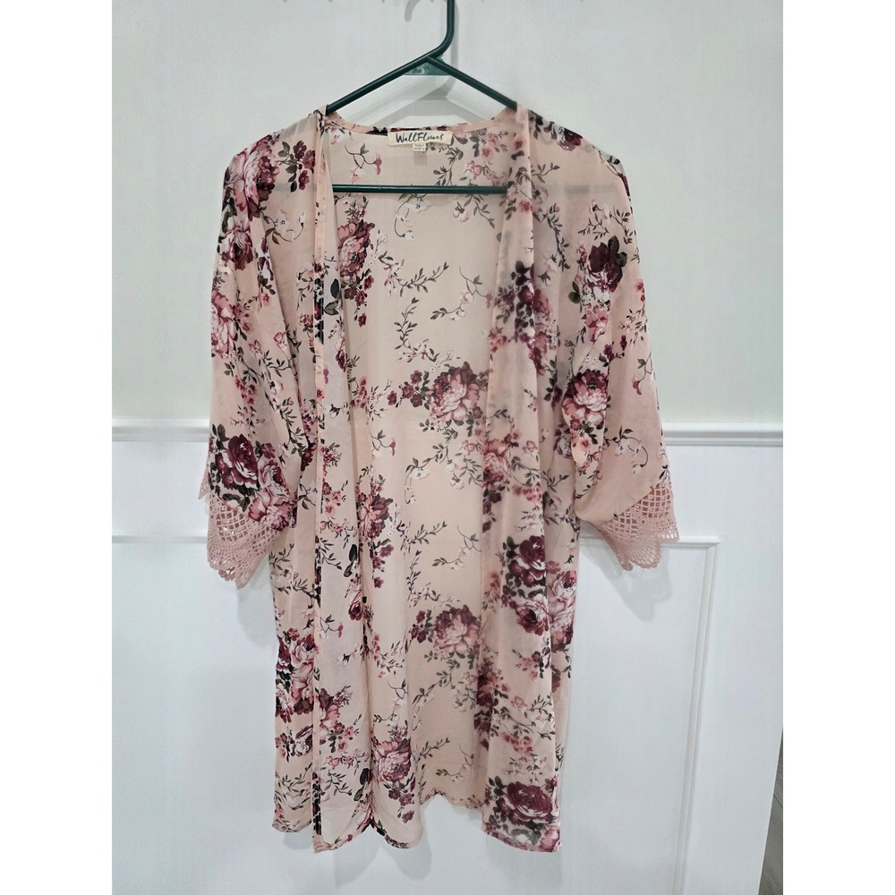 Wall Flower Kimono Lightweight Floral Print Crochet Lace Trim Cardigan Women S